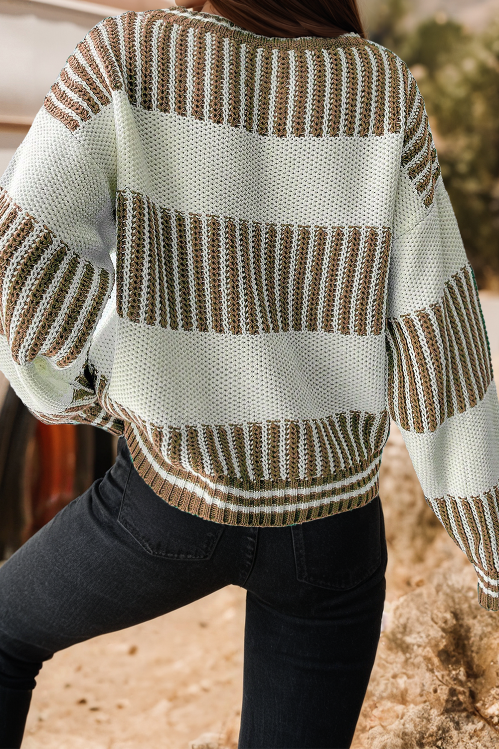Two Tone Striped Patchwork Drop Shoulder Loose Sweater