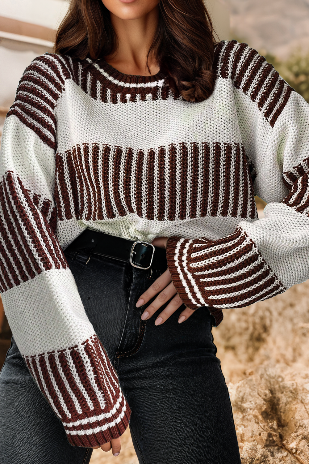 Two Tone Striped Patchwork Drop Shoulder Loose Sweater