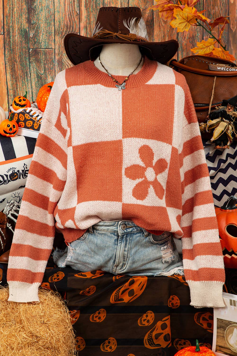 Fashion-W Halloween Checker Floral Stripe Sweater*S-2XL