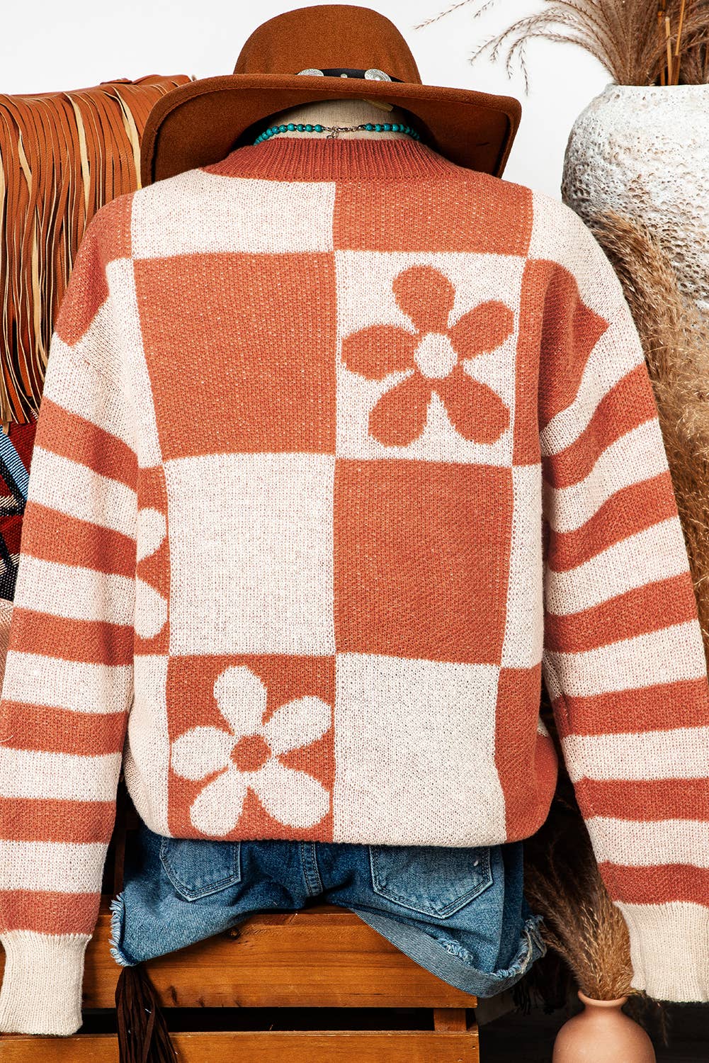 Fashion-W Halloween Checker Floral Stripe Sweater*S-2XL