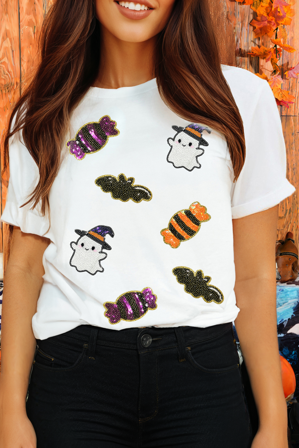 Fashion-W Halloween Spirit Pattern Patched Custom Casual Tee