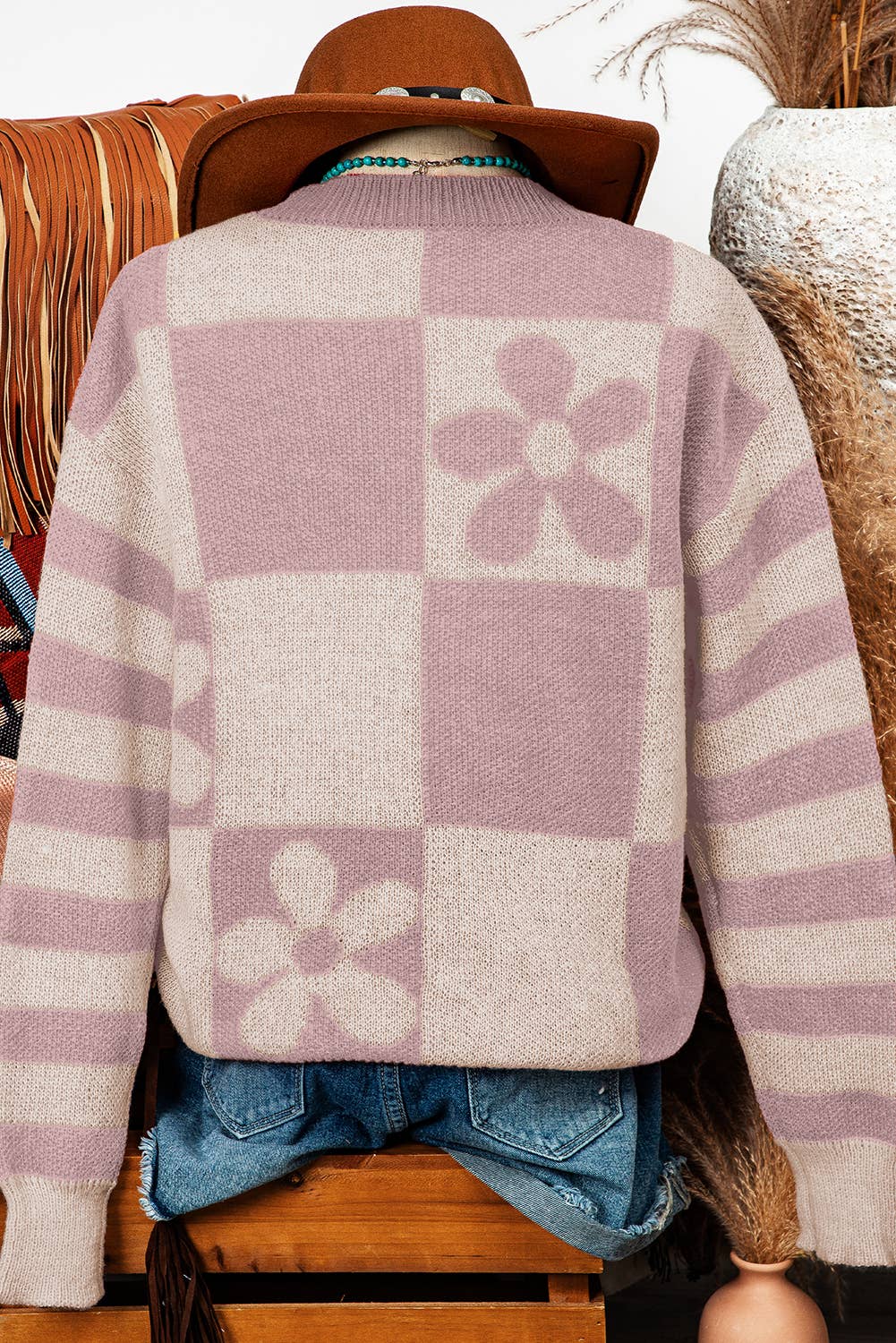 Fashion-W Halloween Checker Floral Stripe Sweater*S-2XL