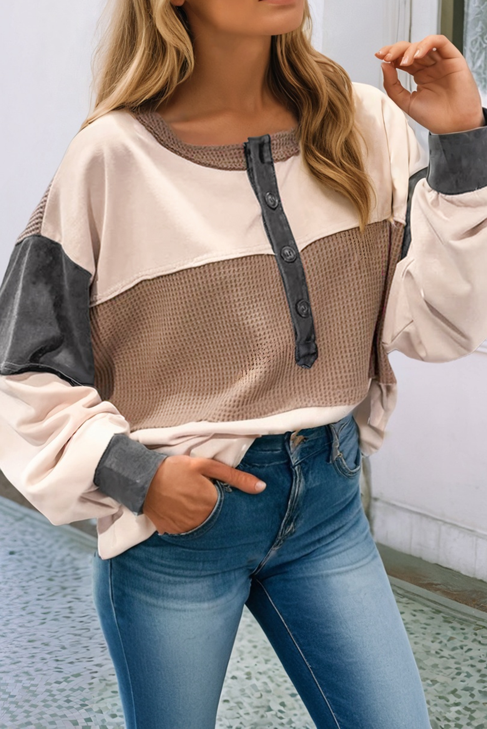 LDC Color Block Waffled Patchwork Loose Henley Top|