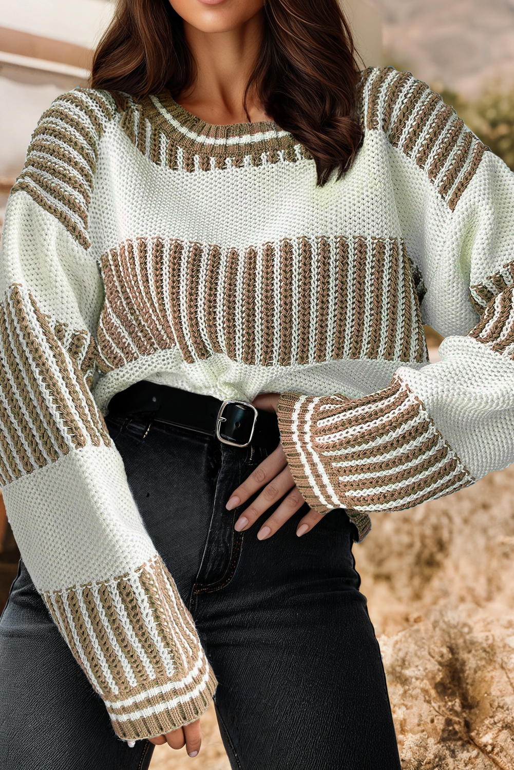 Two Tone Striped Patchwork Drop Shoulder Loose Sweater