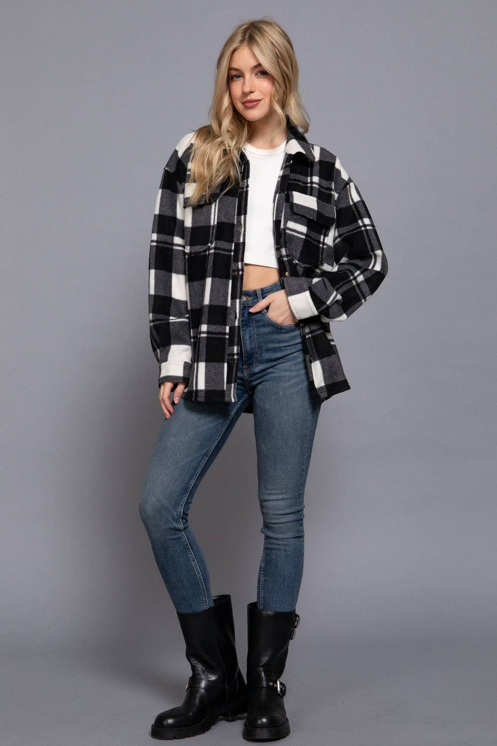 Long Sleeve Check Printed Fleece Shacket SI-28274