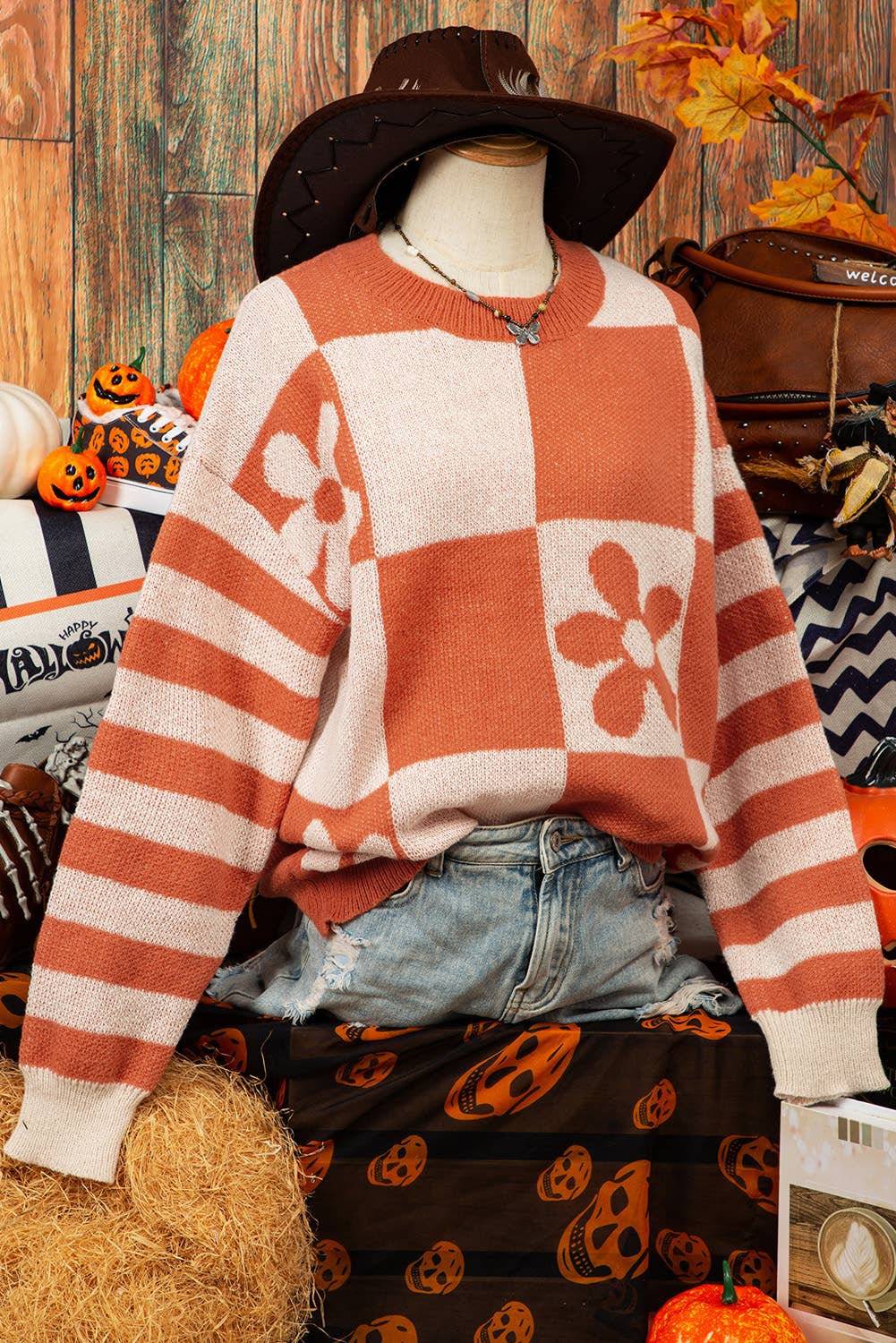 Fashion-W Halloween Checker Floral Stripe Sweater*S-2XL