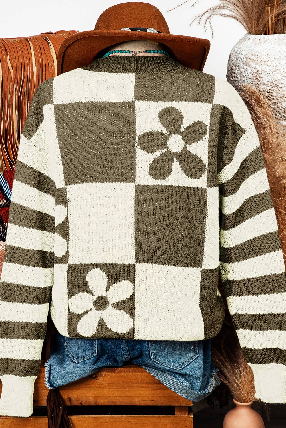 Fashion-W Halloween Checker Floral Stripe Sweater*S-2XL