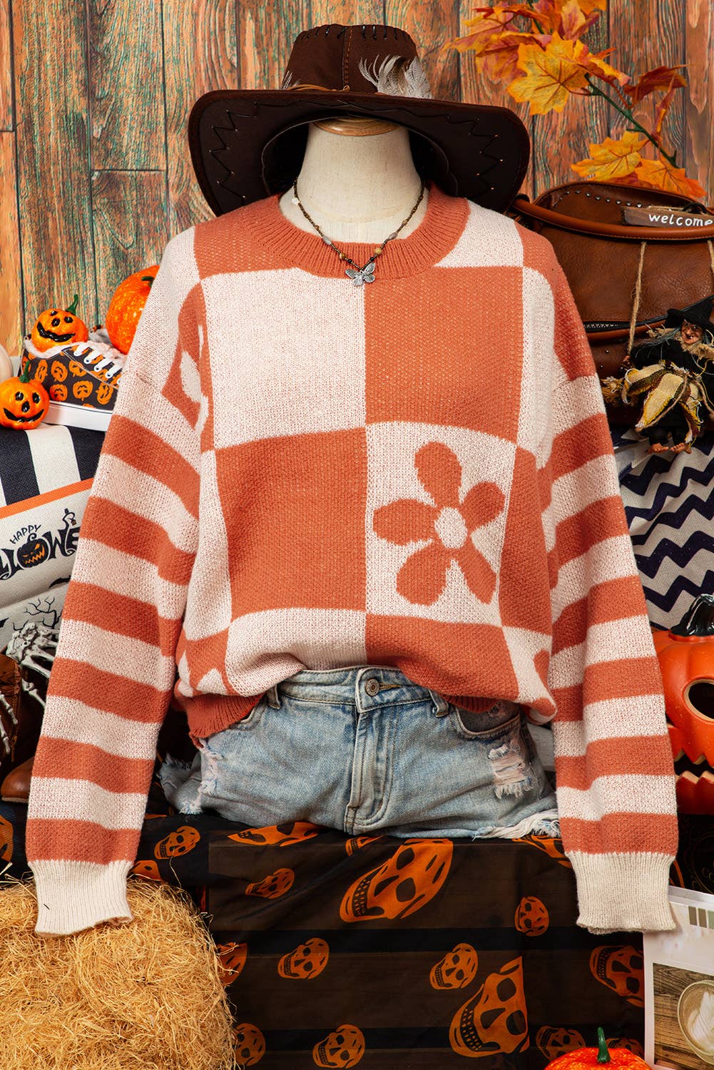 Fashion-W Halloween Checker Floral Stripe Sweater*S-2XL