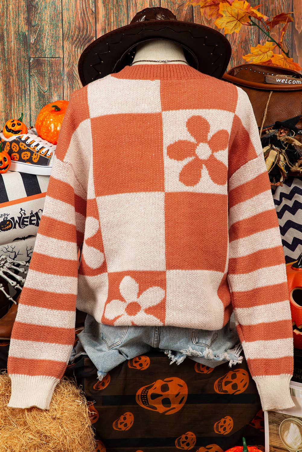 Fashion-W Halloween Checker Floral Stripe Sweater*S-2XL