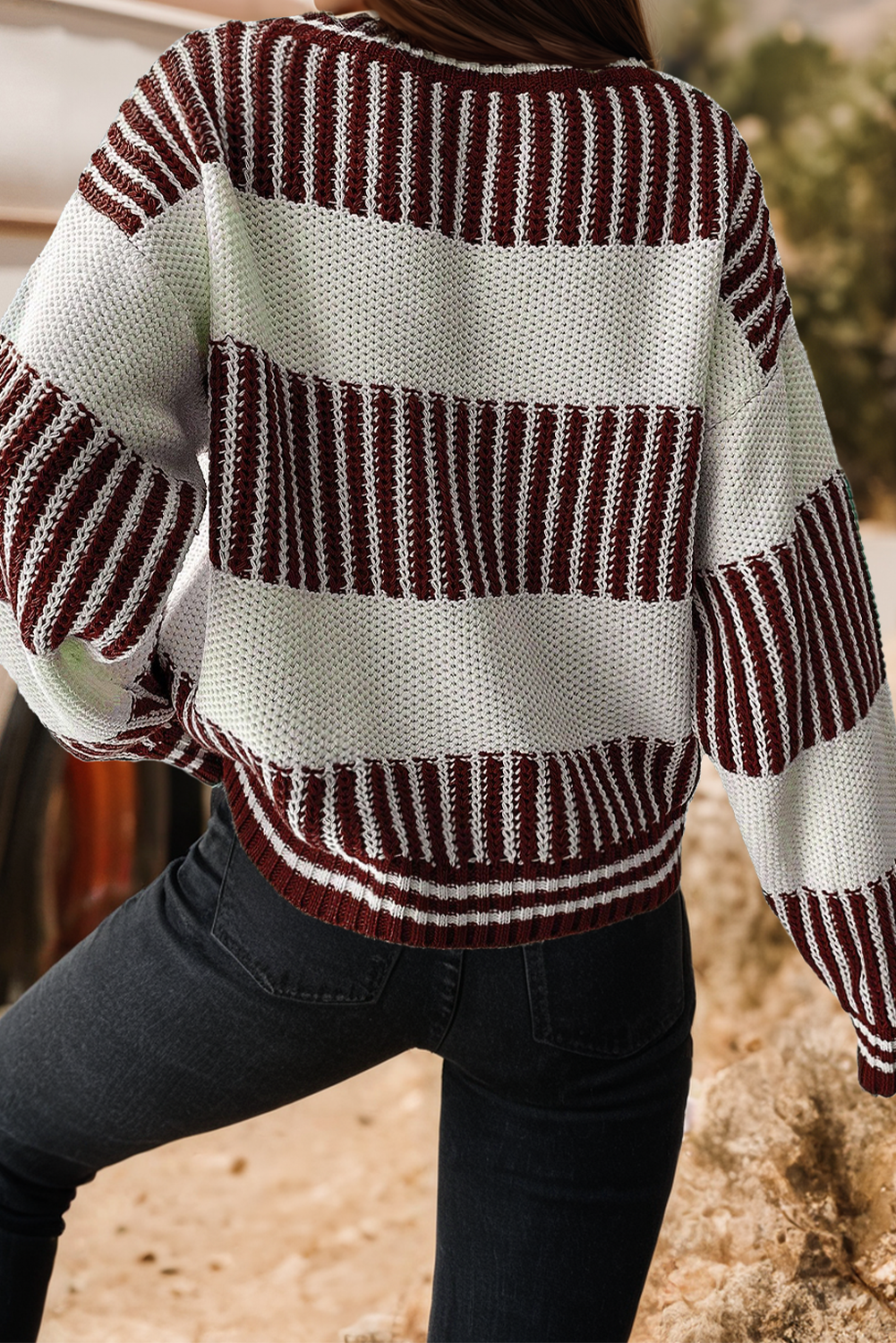 Two Tone Striped Patchwork Drop Shoulder Loose Sweater