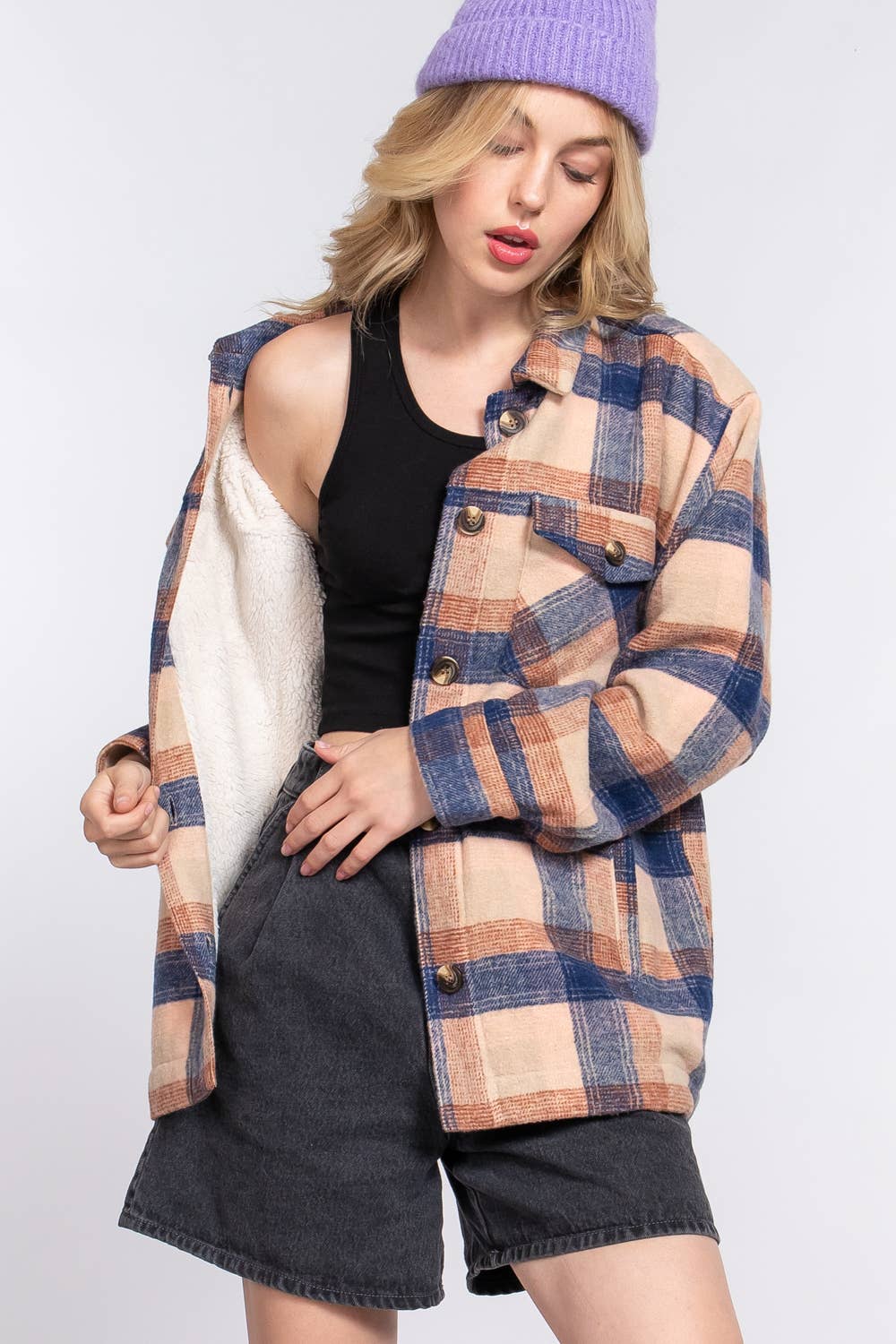 INNER FAUX FUR BRUSHED PLAID JACKET W/ POCKET