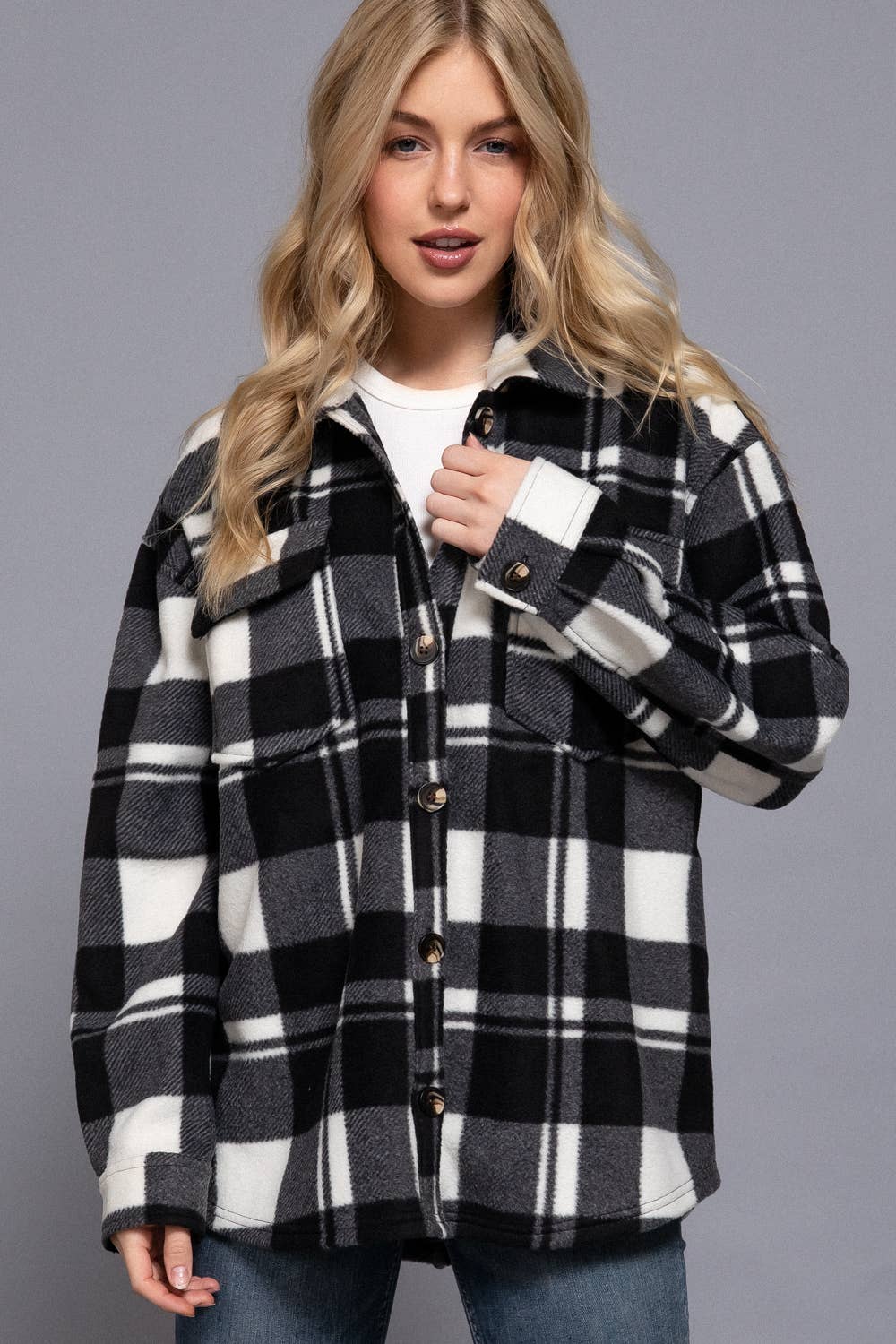 Long Sleeve Check Printed Fleece Shacket SI-28274