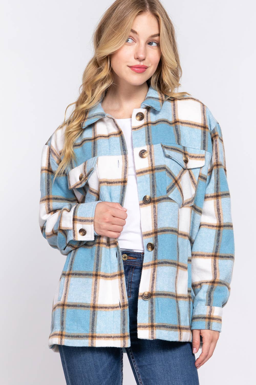 INNER FAUX FUR BRUSHED PLAID JACKET W/ POCKET
