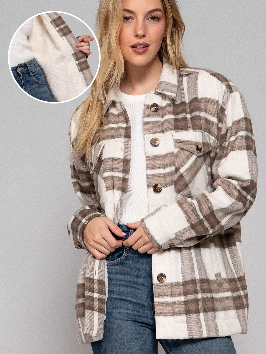 INNER FAUX FUR BRUSHED PLAID JACKET W/ POCKET