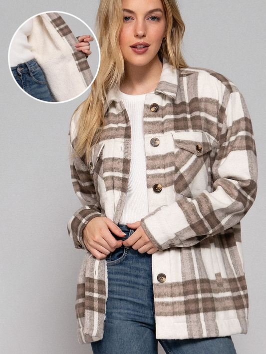INNER FAUX FUR BRUSHED PLAID JACKET W/ POCKET