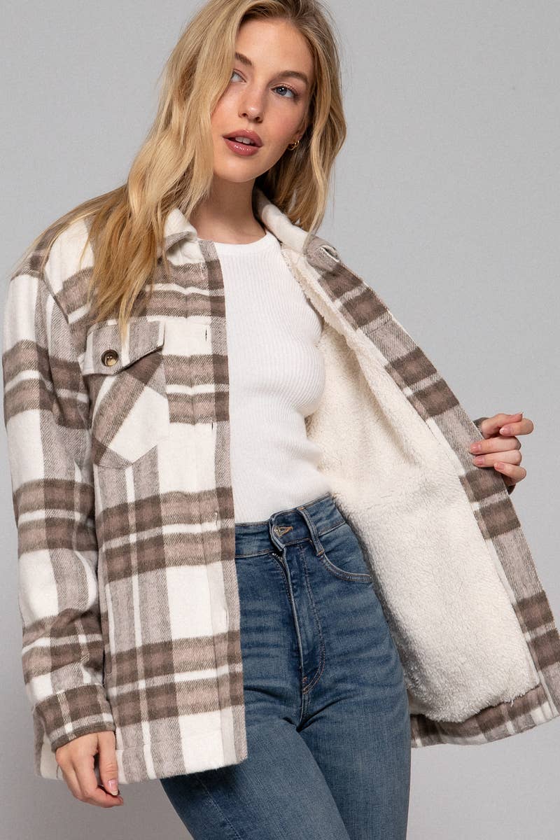 INNER FAUX FUR BRUSHED PLAID JACKET W/ POCKET