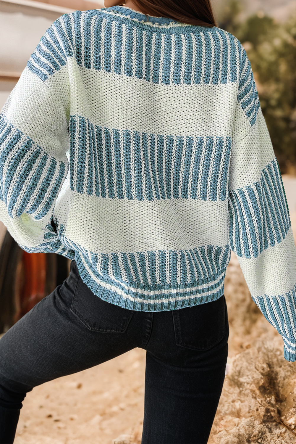 Two Tone Striped Patchwork Drop Shoulder Loose Sweater