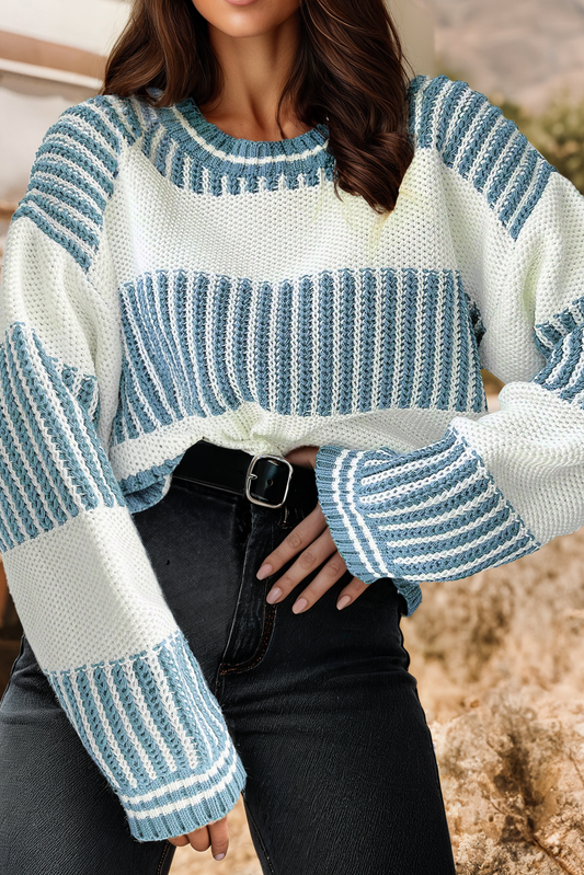 Two Tone Striped Patchwork Drop Shoulder Loose Sweater