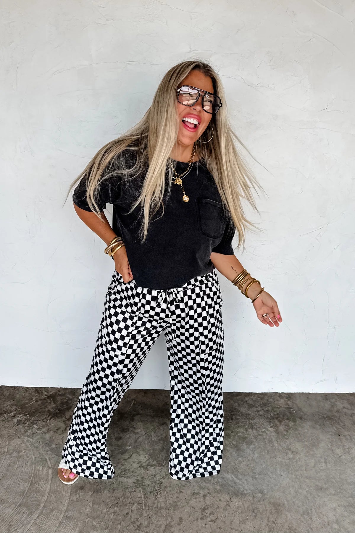 HADDIE WIDE LEG CHECKER PANTS