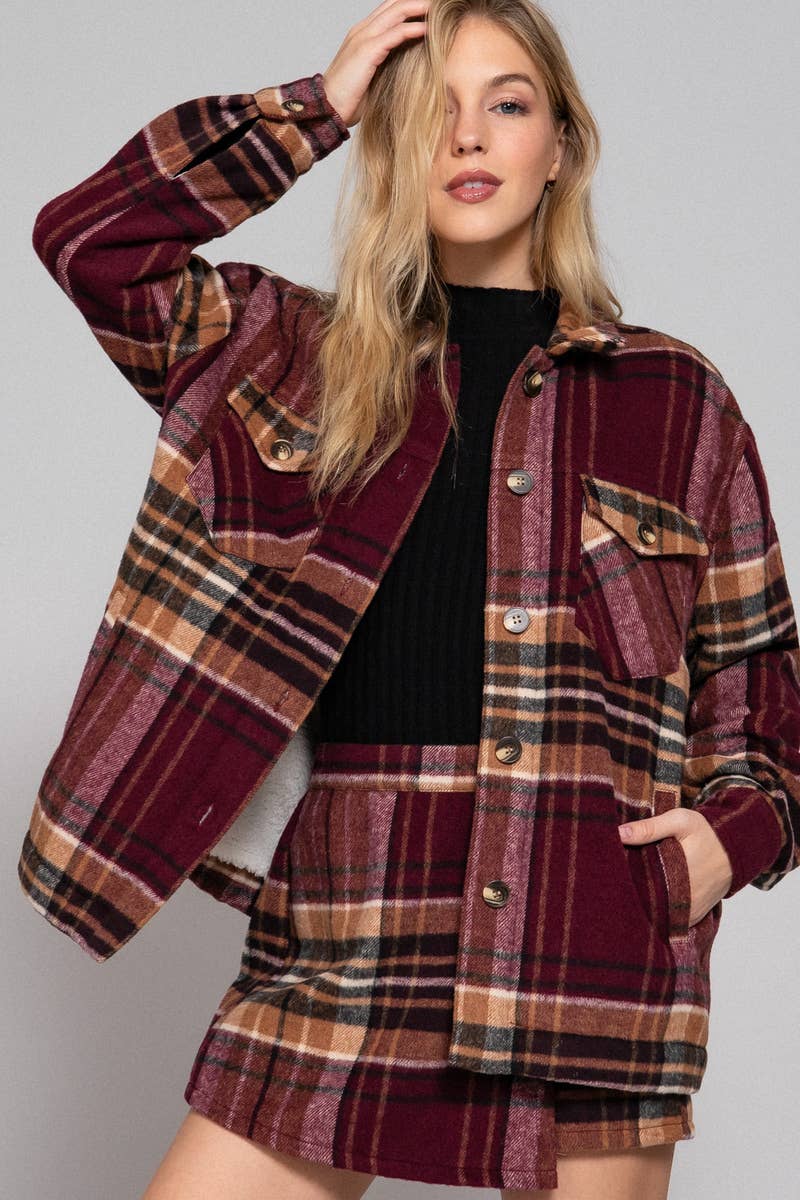 INNER FAUX FUR BRUSHED PLAID JACKET W/ POCKET