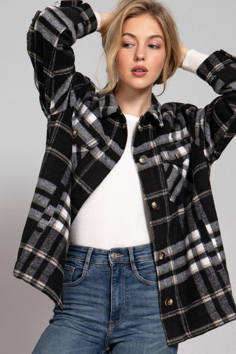 INNER FAUX FUR BRUSHED PLAID JACKET W/ POCKET