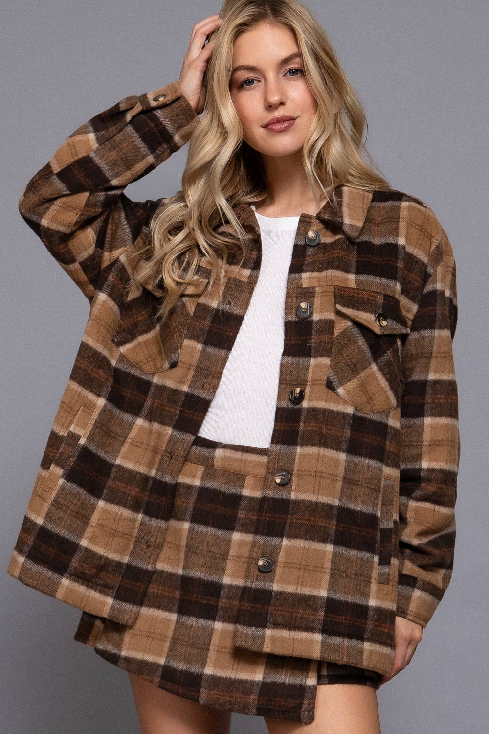 INNER FAUX FUR BRUSHED PLAID JACKET W/ POCKET
