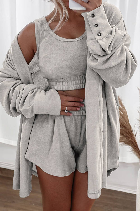 LDC 3 Pcs Crop Tank Top Shorts with Cardigan Lounge Set